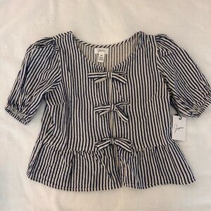 Striped Blue and White Poplin Top with Bows